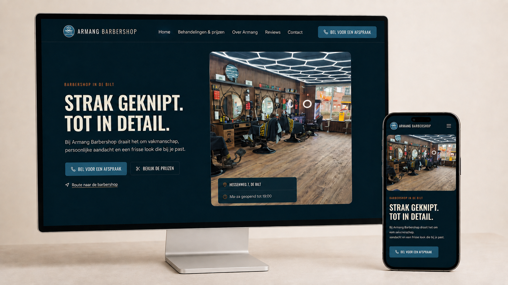 Website van Armang Barbershop weergegeven op een Apple-desktopmonitor en smartphone