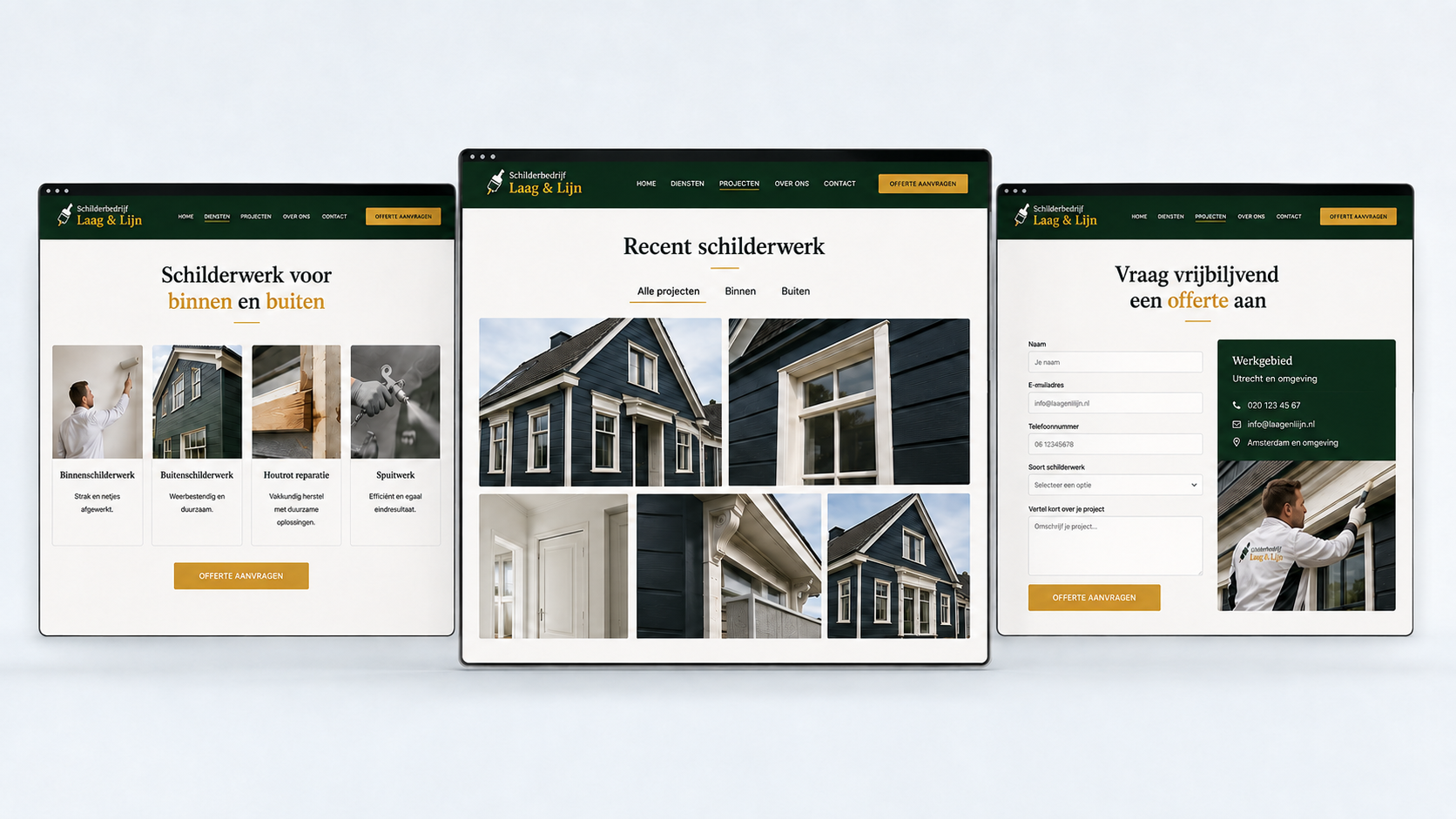 Diensten-, projecten- en offertepagina van Schildersbedrijf Laag & Lijn naast elkaar in browservensters.