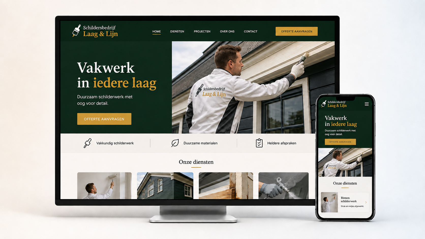 Homepage van Schildersbedrijf Laag & Lijn op desktop en mobiel, met de kop Vakwerk in iedere laag en een offerteknop.