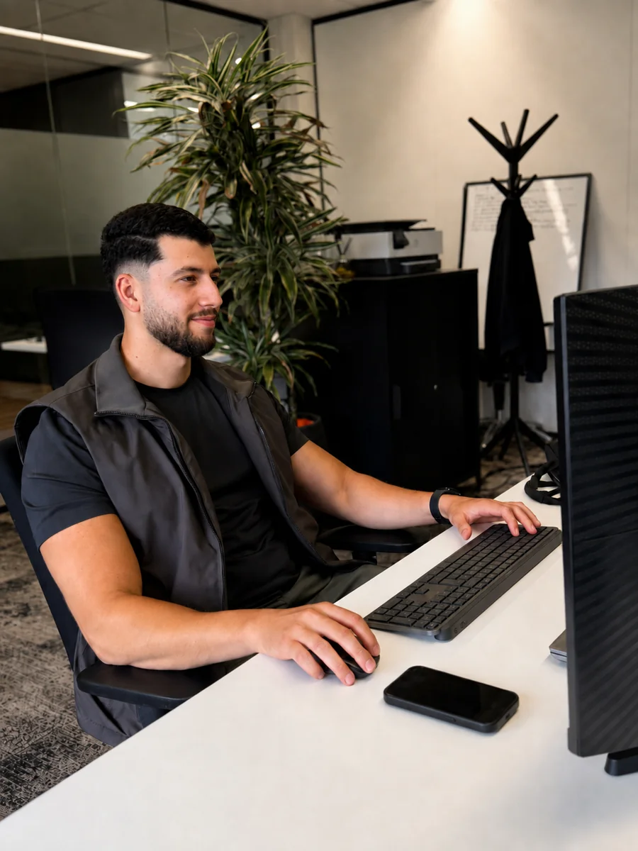 Marwan van Jouw Zaak Online achter zijn bureau met een computerscherm